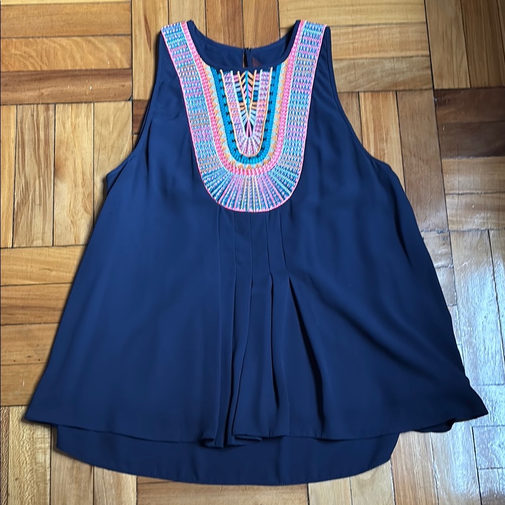 Ranna Gill Anthropologie Navy Sleeveless Top with Multicolor Embroidery | Sz M